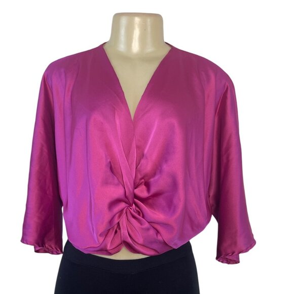 Renee C Women's Satin Fuchsia Knot Front Blouse With 3/4 Sleeves Size S - New - Picture 1 of 6